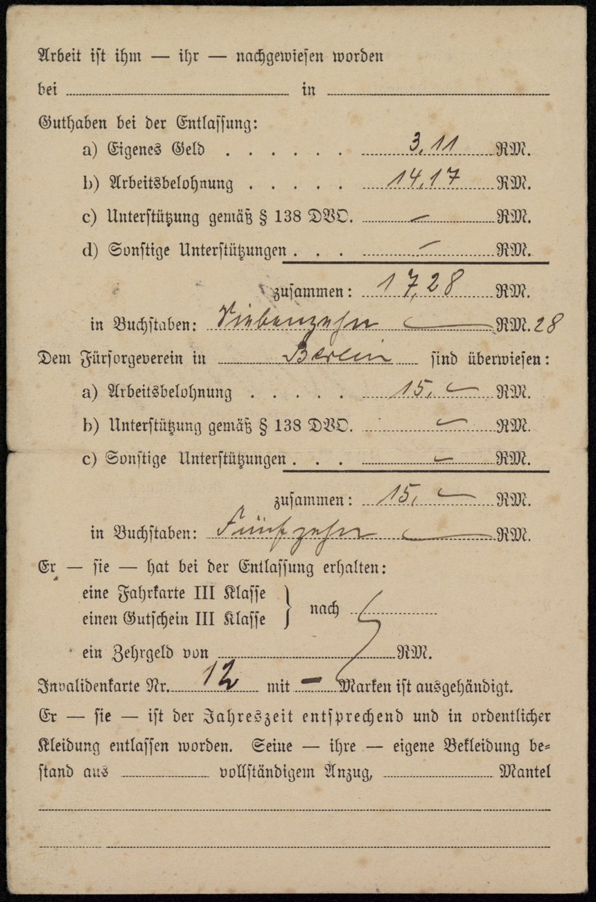 Entlassungsschein für Heinz Gützlaff aus dem Gefängnis Plötzensee, 19. März 1935