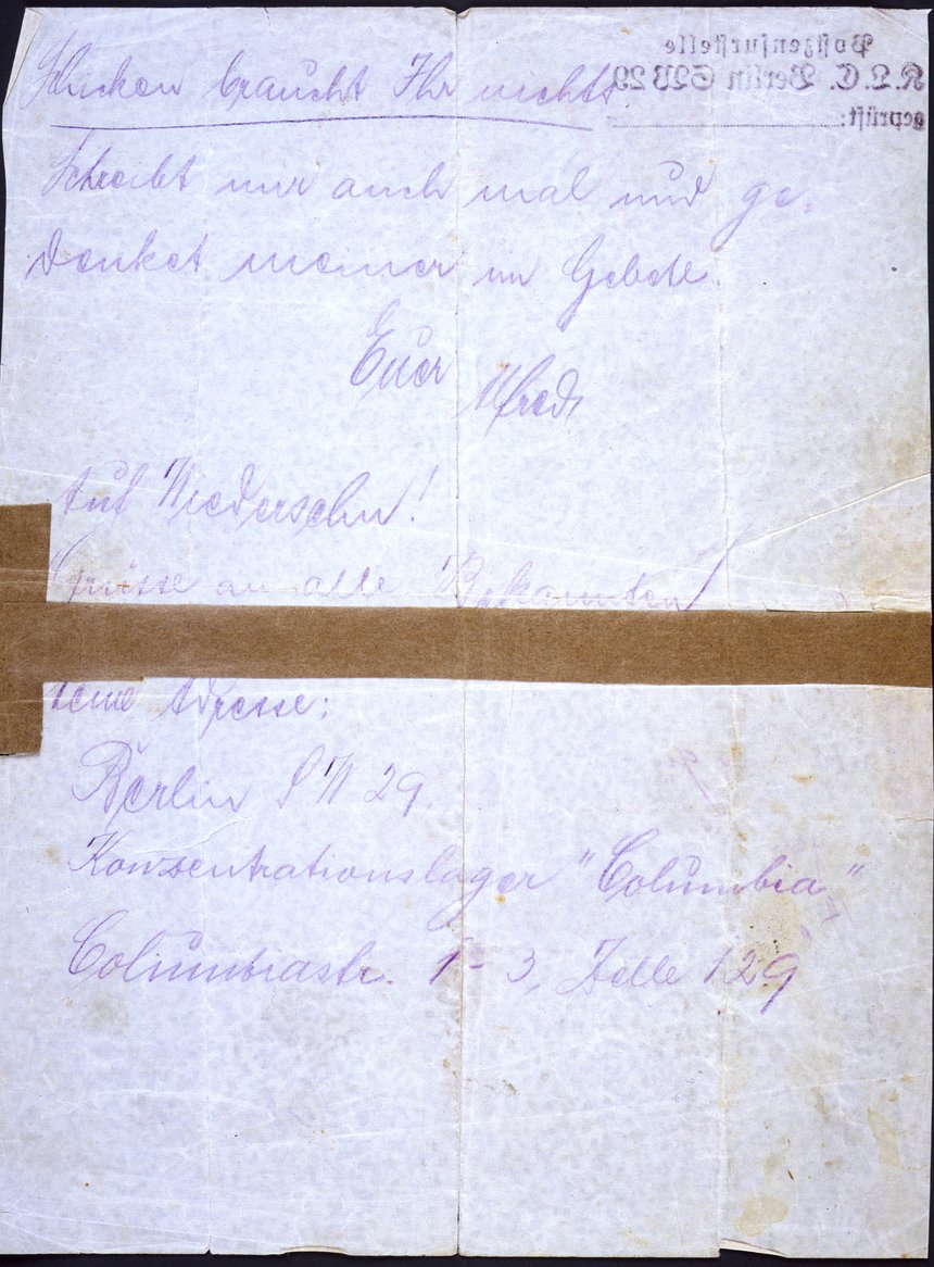 Haftbrief von Alfred Andreas Heiß an seine Familie aus dem KZ Columbia, 9. Mai 1935