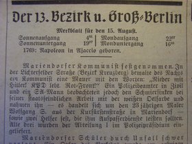 Meldung über die Festnahme Wolfgang Szepanskys in der "Tempelhof-Mariendorfer" Zeitung, 14. August 1933