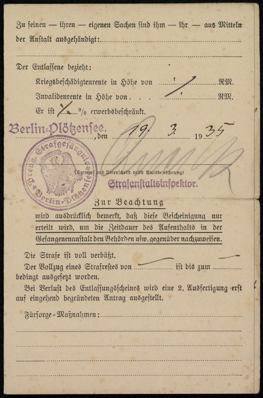 Entlassungsschein für Heinz Gützlaff aus dem Gefängnis Plötzensee, 19. März 1935