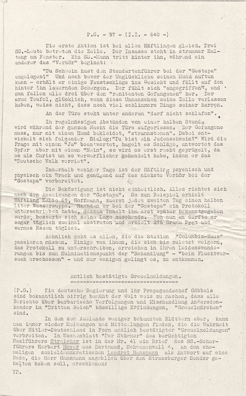 Mitteilungen über die Lage der politischen Gefangenen, 29. November 1933