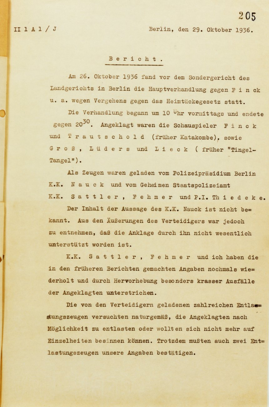 Bericht über Verhandlung gegen Kabarettisten, 24. Juli 1935