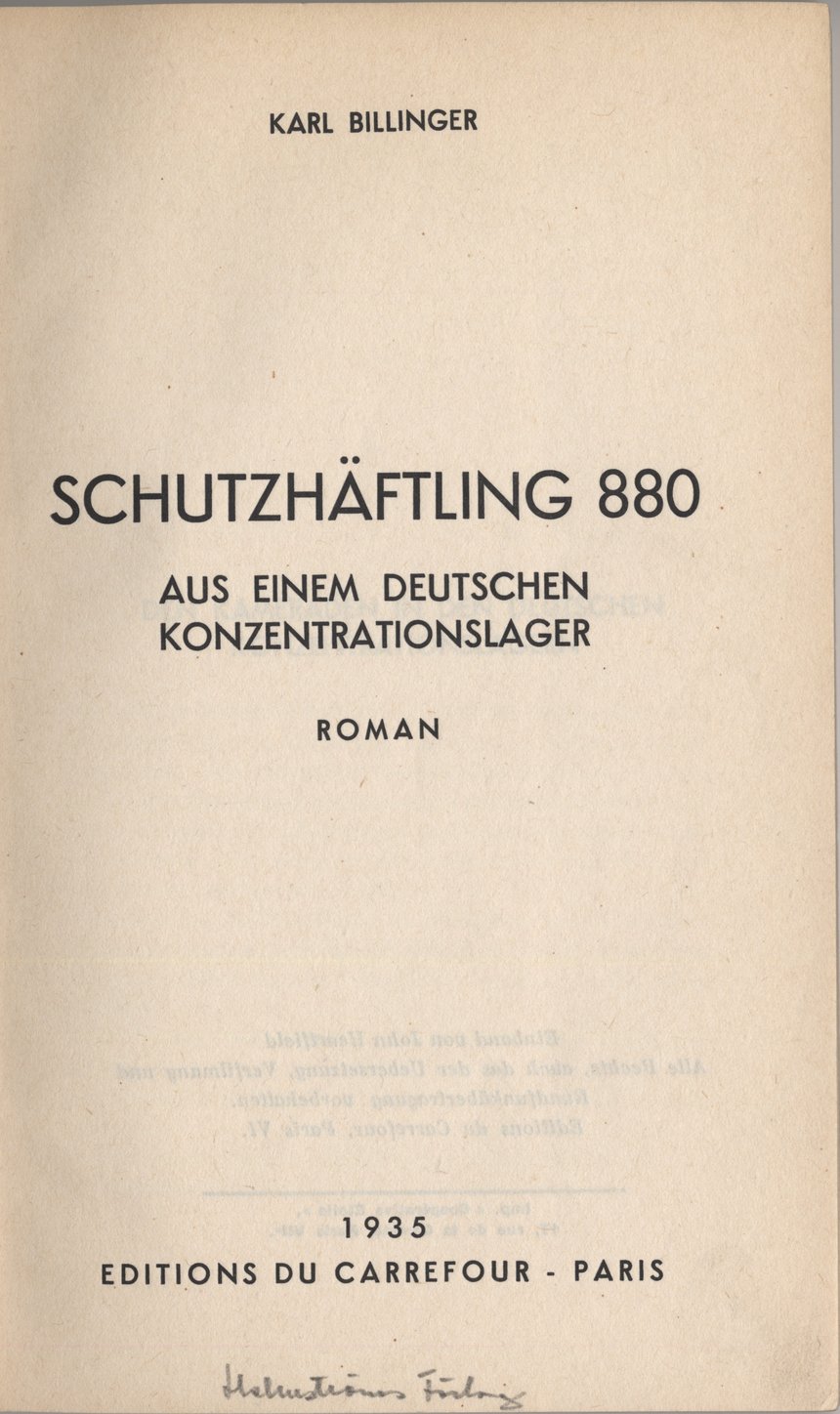 Titelbild des 1935 unter dem Pseudonym Karl Billinger veröffentlichten autobiografischen Romans "Schutzhäftling 880". Einband gestaltet von John Heartfield (Das Bild zeigt nicht Paul W. Massing.).