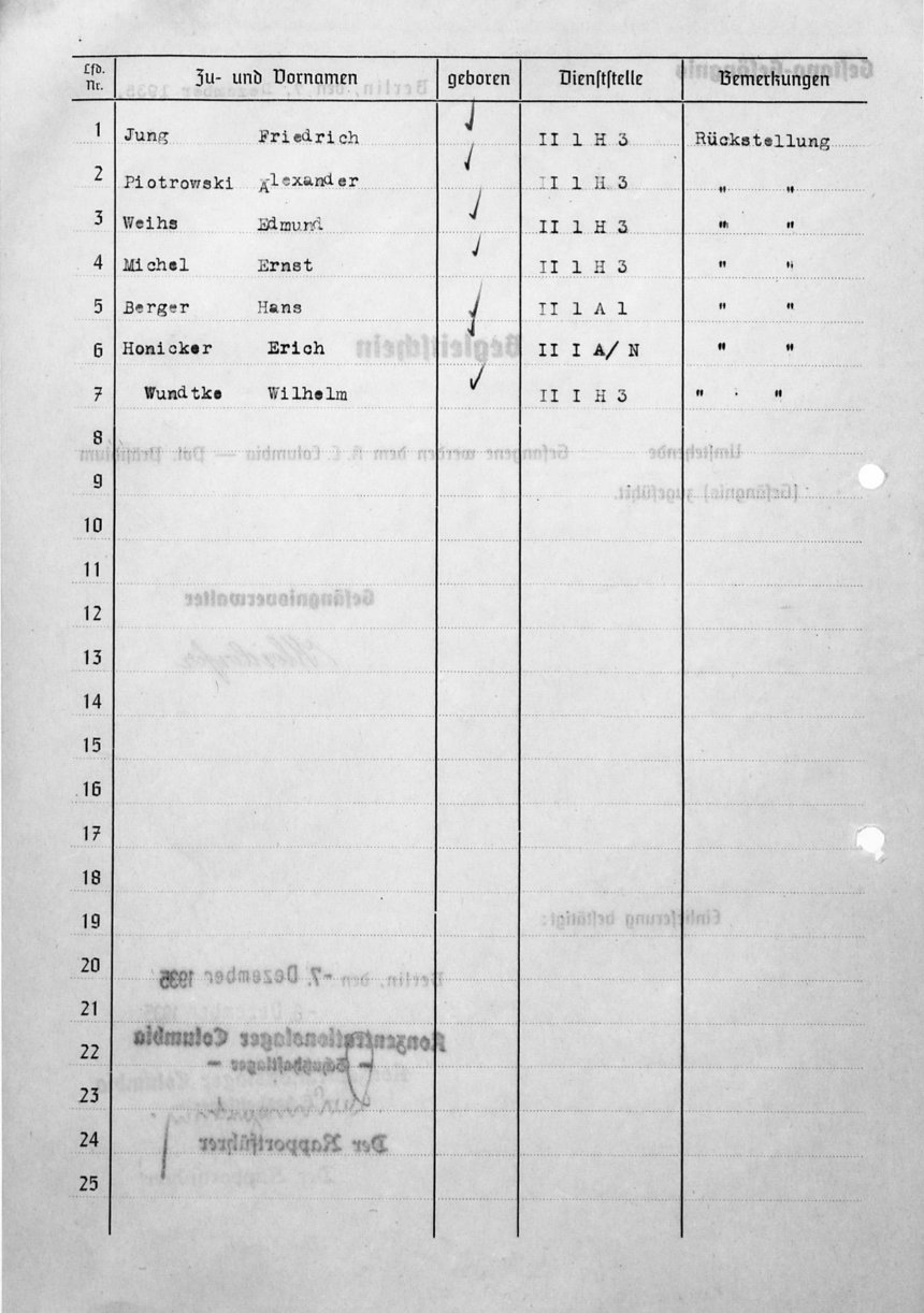 Begleitschein für einen Gefangenentransport vom Geheimen Staatspolizeiamt zum KZ Columbia, 7. Dezember 1935